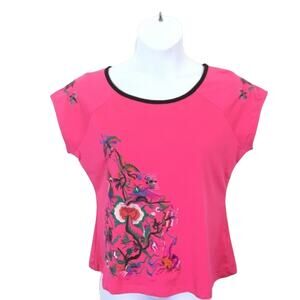 Butterfly Flower Top T-Shirt Embroidered Pink Multicolor Size Large Bold Color